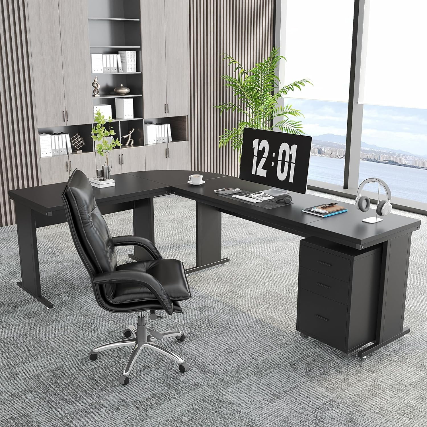 Tribesigns 83 Inch L-Shaped Office Desk, Large Executive Computer Desk with 3-Drawer File Cabinet, Industrial Corner Desk with Storage Drawers, Business Furniture Work Desk for Home Office (Black)