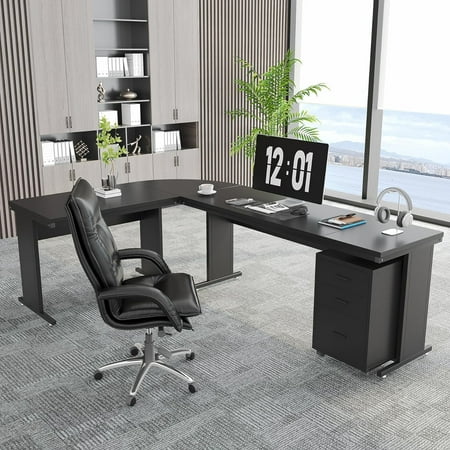 Tribesigns 83 L-Shaped Executive Desk Large L Office Desk with 3-Drawer Mobile File Cabinet Industrial Corner Computer Desk with Storage Drawers Business Furniture Desk Workstation for Home Office