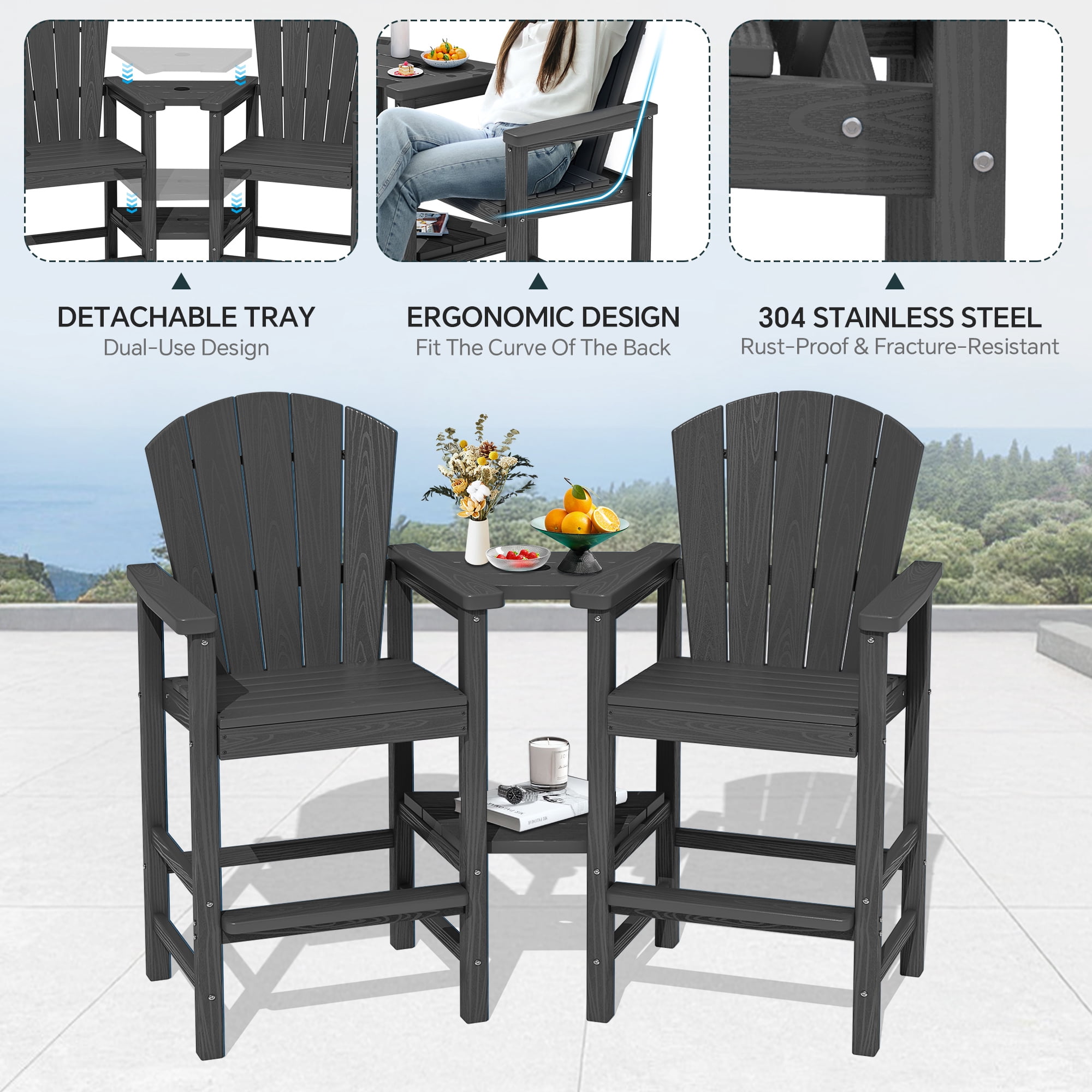 SERWALL Tall Adirondack Chairs Set of 4 with Double Layer Connecting Tray, HDPE Bar Height Outdoor Chairs, for Patio, Balcony, Porch, Pool, Gray