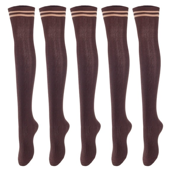 Lovely Annie Big Girl's Women's 5 Pairs Over Knee High Thigh High Cotton Boot Socks Size 6-9(Coffee) 5p1c3