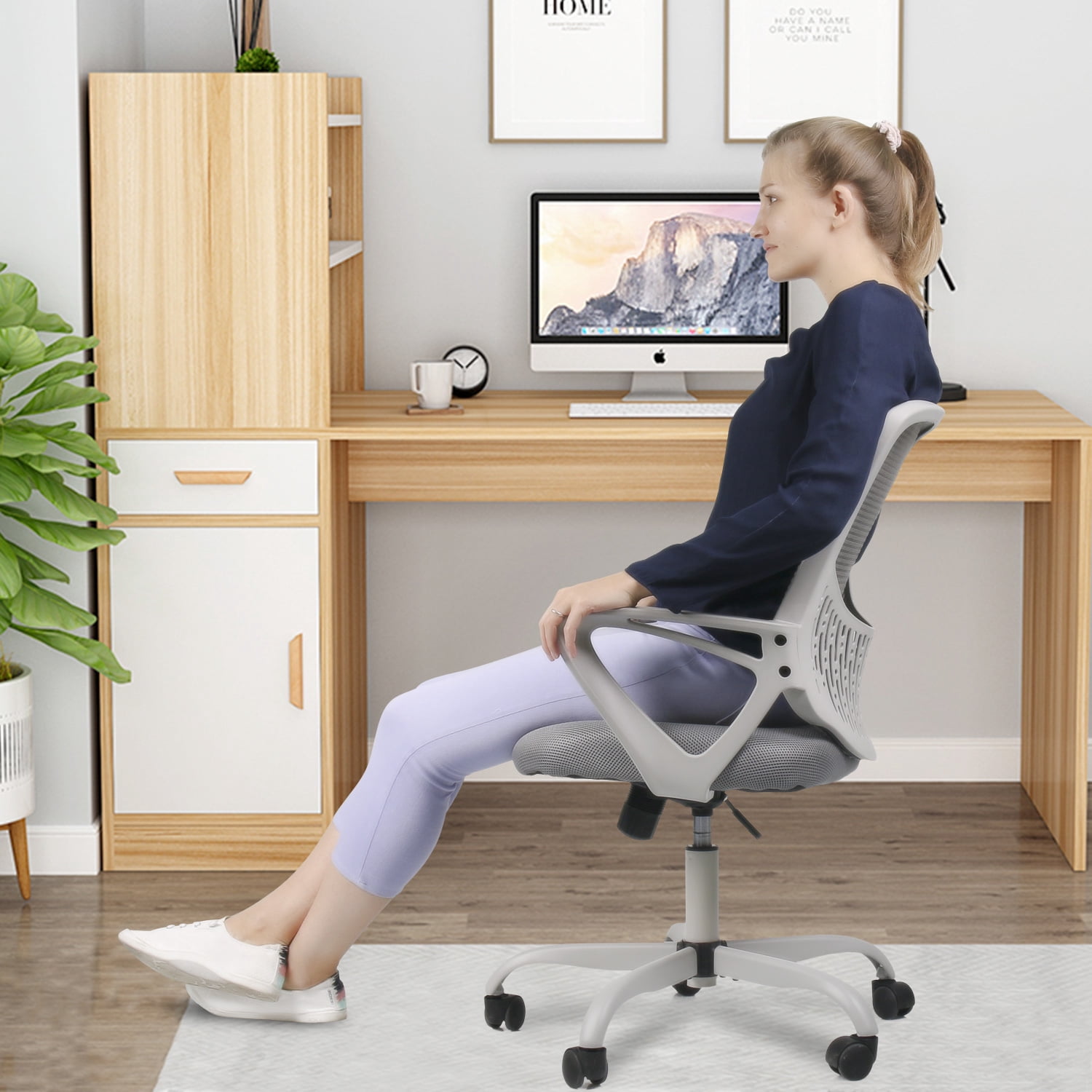 Home Office Mid Back Mesh Ergonomic Computer Chair with Height Adjustable, Grey