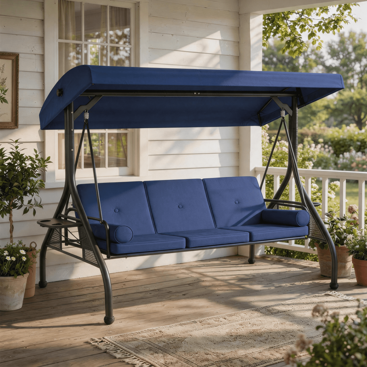 BaPiPro 3-Seat Metal Patio Swing with Adjustable Canopy, Cushions, Foldable Side Table, 2-in-1 Design for Patio, Garden, Porch, Blue