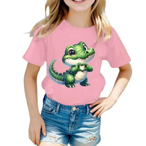 Tisuna Dinosaur Print Summer Tees For Child Girls Boys Short Sleeve Crew Neck Casual Tops Cute Lightweight Kids Pullover Clothes Pink Size 4-5 Years