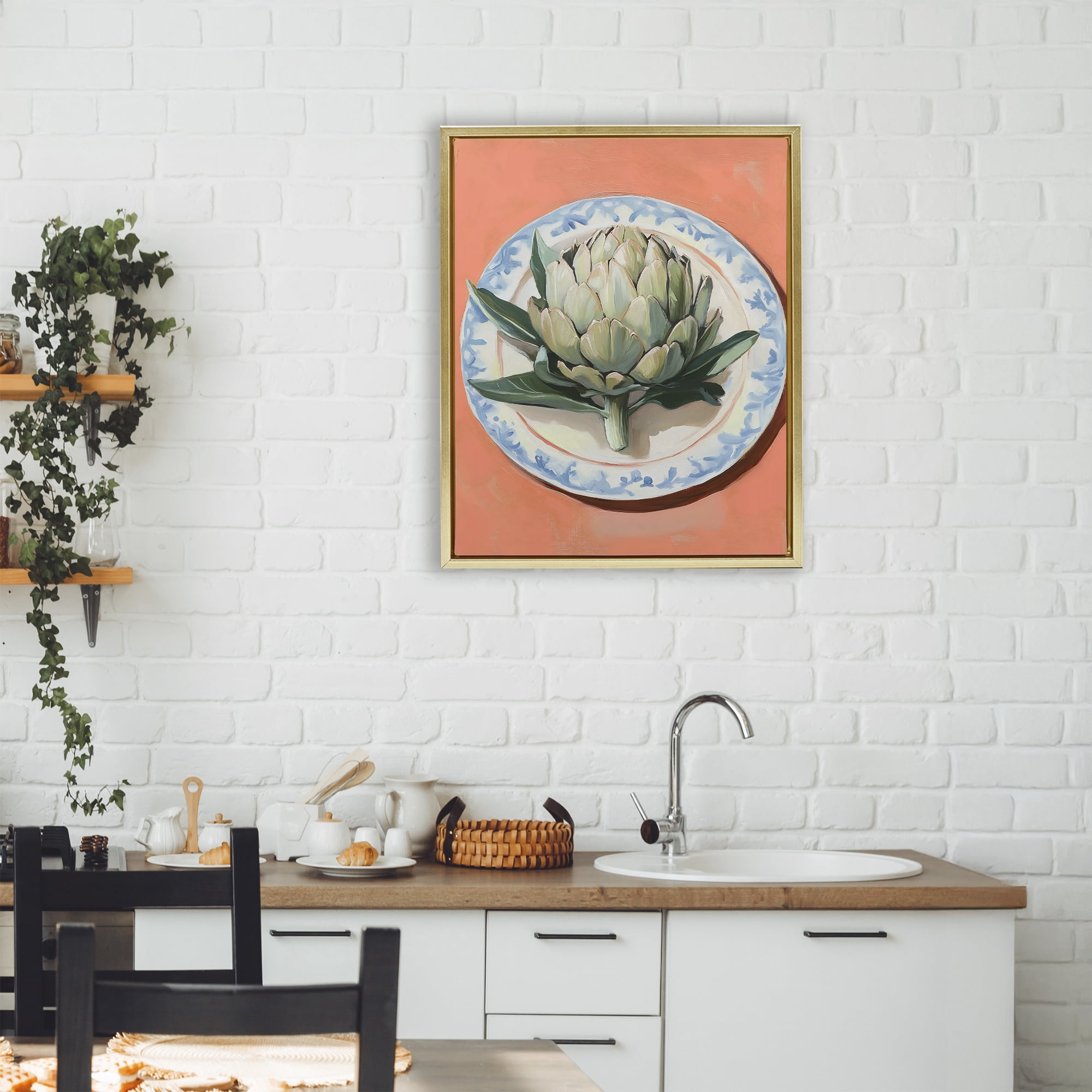 Stupell Industries Retro Artichoke over Orange Gold Framed Floater Canvas Wall Art, design by The Prints Vibe