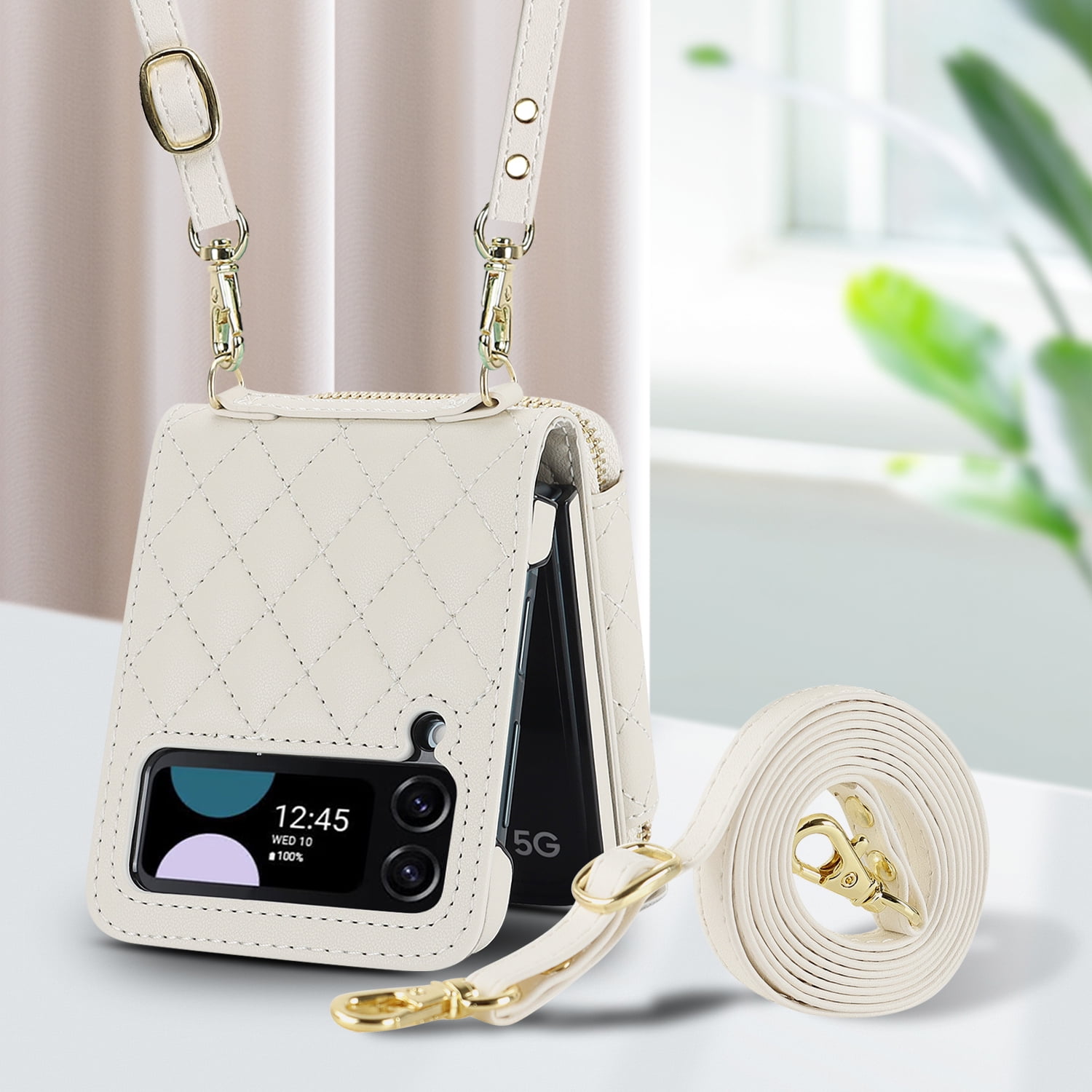 Dteck for Samsung Galaxy Z Flip 4 Case with Card Holder RFID Blocking, Crossbody Wallet Case for Z Flip4 with Adjustable Strap, Zipper Purse Leather Handbag Case Compatible with Galaxy Z Flip4,Beige