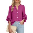 thumbnail image 5 of Only Moment Button Down Shirts for Women Long Sleeve V Neck Ruffle Sleeves Cotton and Linen/Wash Water Wrinkled Cloth Dressy Casual Trendy Tee Spring Fall Summer Fashion Work Clothes Purple,S, 5 of 9