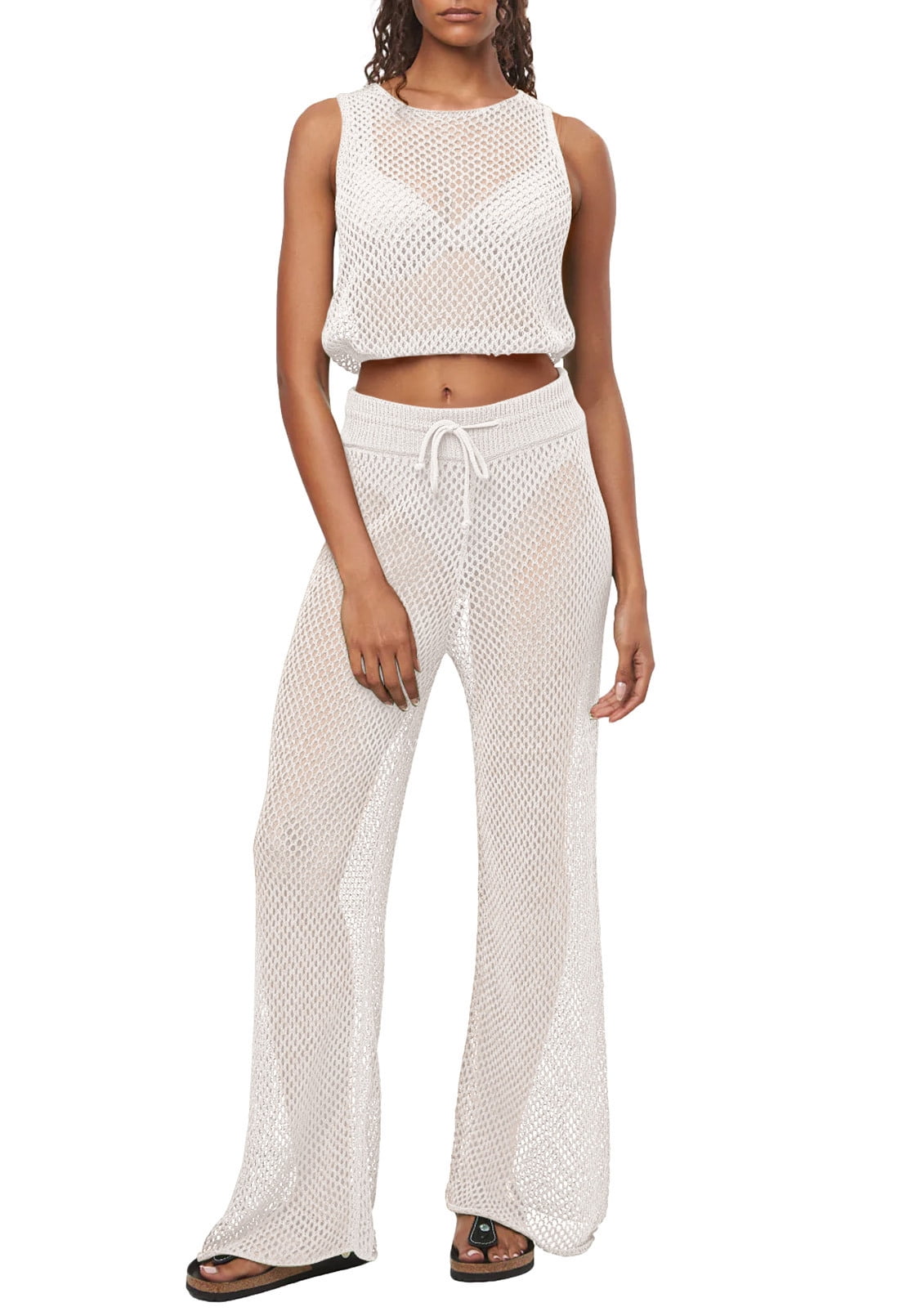 Pink Queen Women's Swimsuit Cover Up Set 2 Pieces Crochet Sleeveless