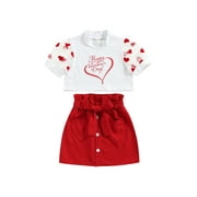 jaweiw Little Girls Valentine's Day Clothes Outfit, Love Heart Print Mesh Short Sleeve Tops T shirt with Bowknot Skirt Set
