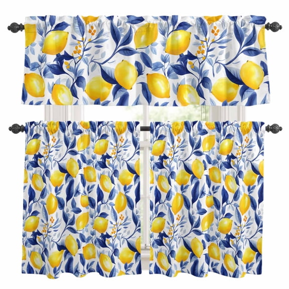 Summer Lemon Kitchen Curtains Sets for Windows 36 Inch Length, Watercolor Yellow Blue Garden Floral Rod Pocket Window Treatments Tier Curtains and Valances Set for Bedroom/Bathroom