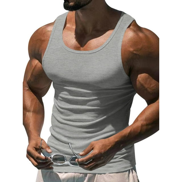Innerwin Muscle Shirts Scoop Neck Mens Summer Tops Sport Solid Color Lightweight Tank Gray L