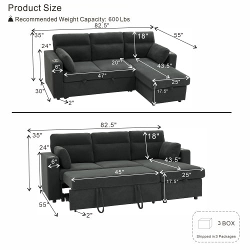 82.5" Convertible L-Shaped Pull-Out Sectional Sofa Bed with Storage Chaise, Cup Holders, and 2 Pillows, Modern Foil Fabric Sleeper Sofa for Living Room, Apartment, Dark Gray
