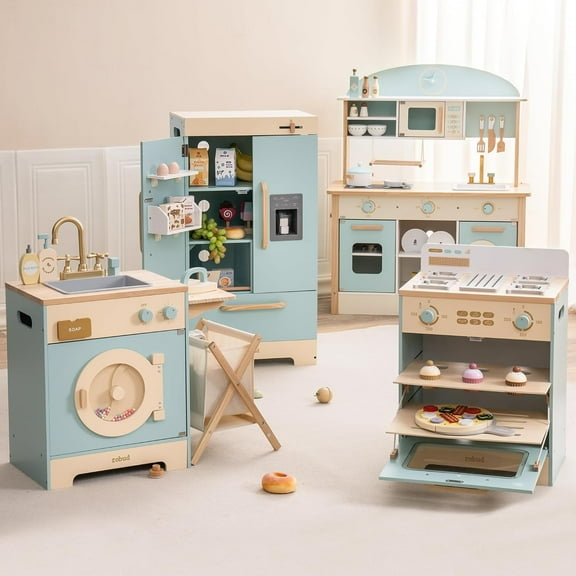 Robud 4 Groups Play Kitchen Playset Kids, Wooden Kitchen Set with Realistic Sound, Ice Maker, Fridge, Oven, Washing Machine, Pretend Play Toy Kitchen Set, Gift for Boys Girls, Blue