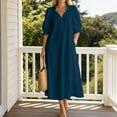thumbnail image 6 of QUNYINEY Puff 3/4 Sleeve Dresses Women Summer Blue Casual Long A Line Dress V-Neck Vacation Loose Fit with Pockets Dresses, 6 of 7