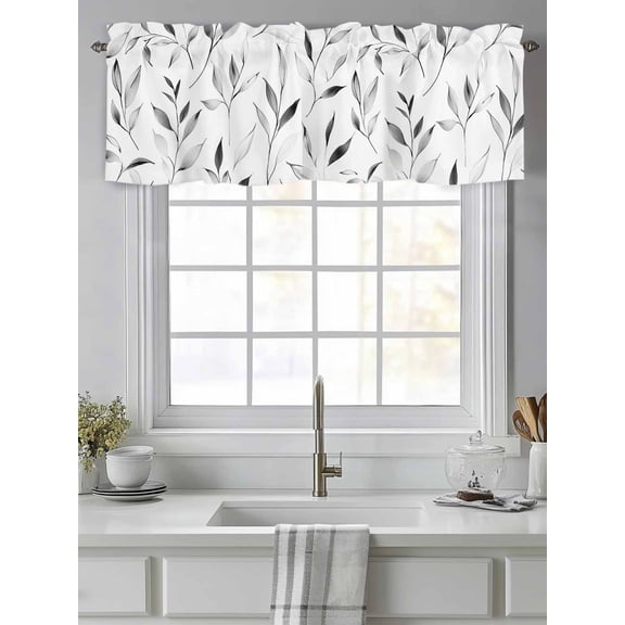 Curtain Valance for Windows,Country Grey Leaves Seamless Kitchen Valances Rod Pocket Short Curtains,Retro Leaf on White Window Treatment Panel for Bedroom Bathroom 42"x12"
