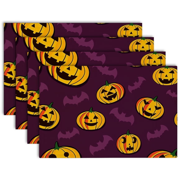 Halloween Purple Bat Pumpkin Placemats Set of 4 Fabric Dining Table Place Mats Spooky Kitchen Holiday Decor