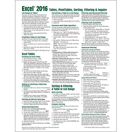 Pre-Owned Microsoft Excel 2016 Tables, PivotTables, Sorting, Filtering & Inquire Quick Reference Guide - Windows Version (Cheat Sheet of Instructions, Tips & Shortcuts - Laminated Card) Paperback