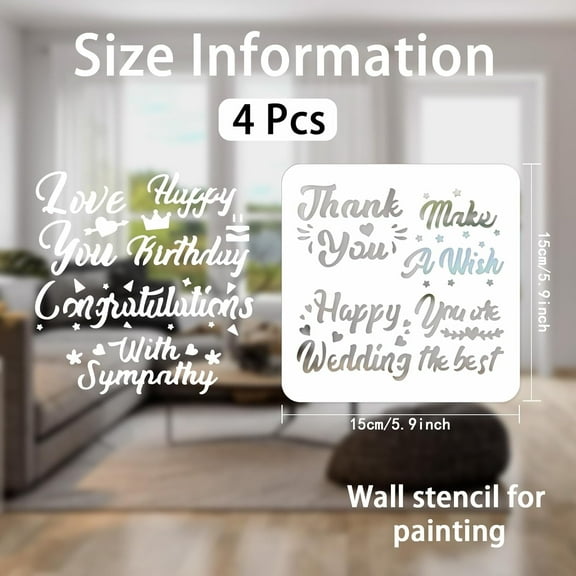 4pcs Blessing Word Wall Stencil Happy Birthday Alphabet Stencils for Crafts Large Letter Stencils for Painting 5.9x5.9 for Painting on Wood Canvas Paper Fabric Wall Furniture Template