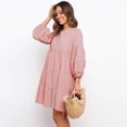 thumbnail image 4 of cfhntfmh Robes de Plage pour Femmes Robe Longue à Manches Longues Robe Mini Unie Fluide Col Rond Plissée Robe de Vacances, 4 of 7