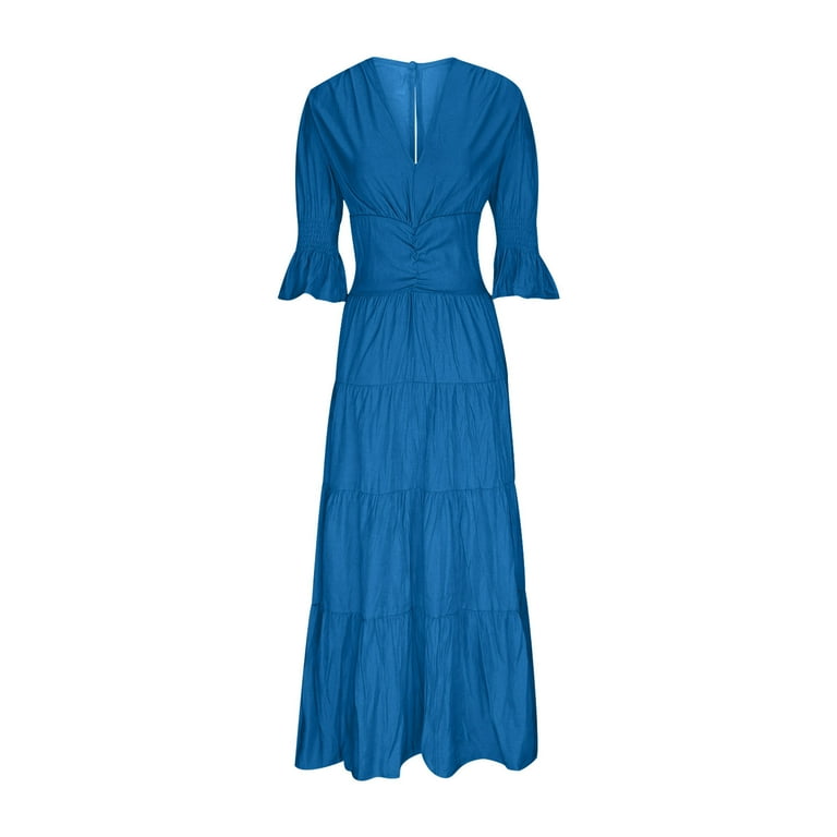 riley reid blue dress Blue Solid 3/4 Sleeve Smocked Top Tiered Maternity Maxi Dress – PinkBlush main image 1