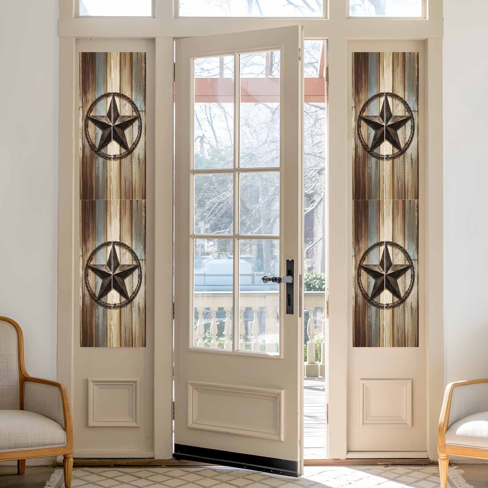 Country Star Window Privacy Film, Farmhouse Star Brown Beige Wood Grain Frosted Glass Window Clings Static Cling UV Heat Blocking Reusable Door Sticker for Bathroom 29.5 x 118 Inch