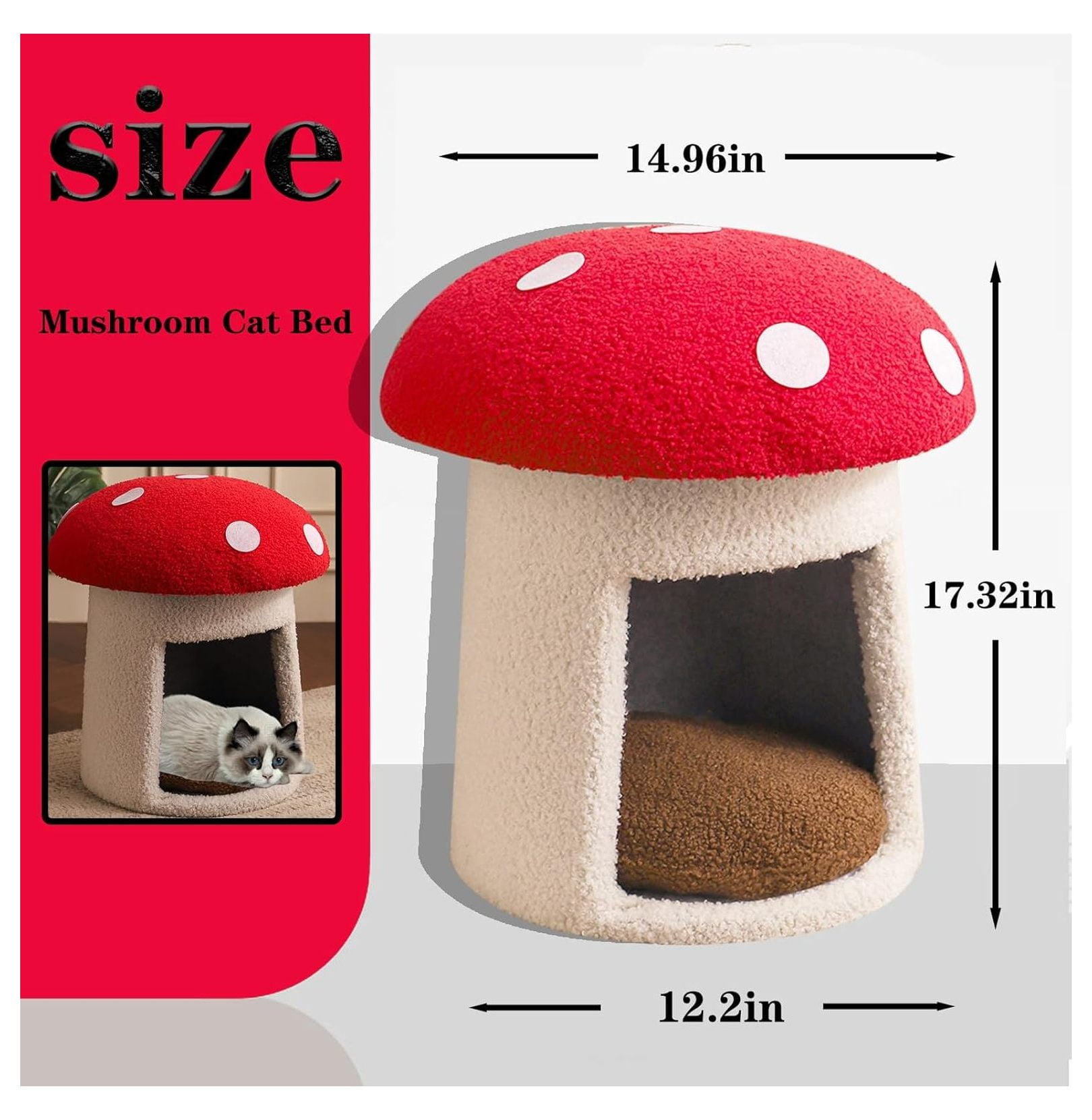 Mushroom Cat Bed for Indoor Cats, Cow Cat Cave - Soft Plush Pet House with Removable Cushion