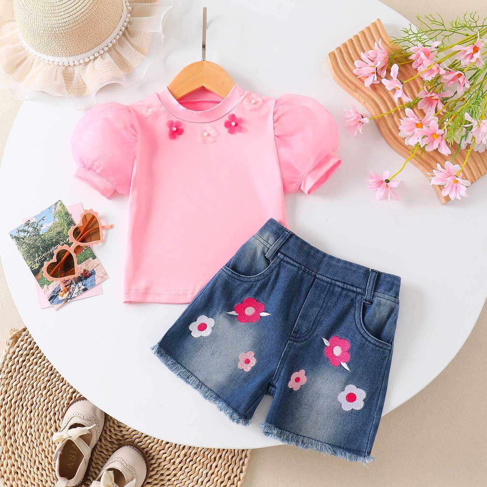 mgoYE Toddler Baby Girl Clothes Summer Floral Print Short Sleeve Tee Shirt Jeans Shorts Cute Outfit Girls Clothing Set Size 2-3 Years Pink