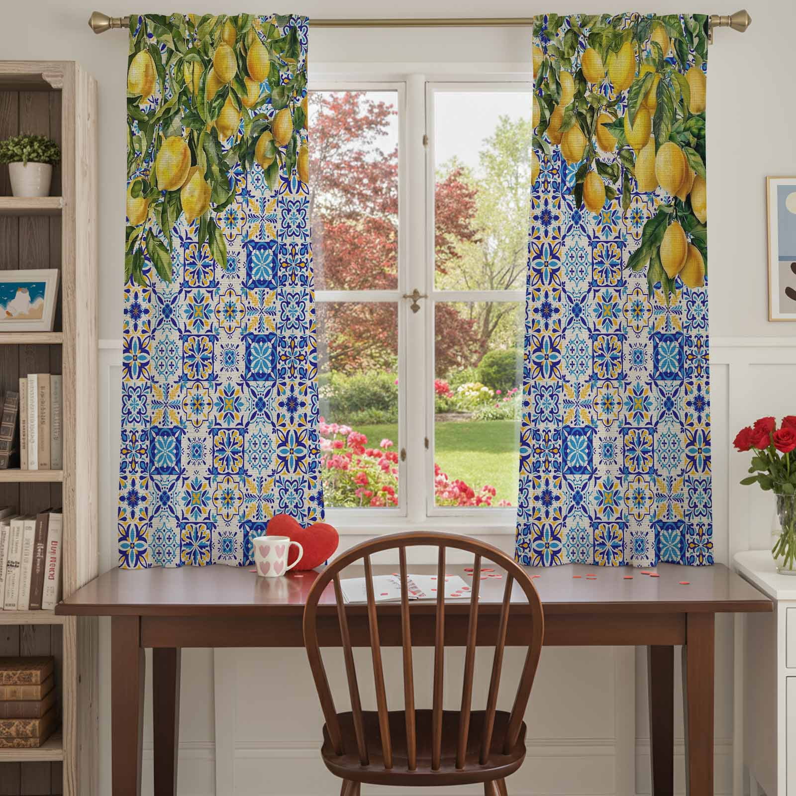 Lemons Sheer Curtains for Living Room Bedroom, National Style Summer Lemon Blue Floral Texture Linen Light Filtering Sheer Curtain Rod Pocket Voile Window Treaments Drapes, 52 x 63 Inches