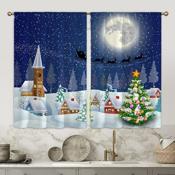 CUH Christmas Modern Topper Kitchen Curtains Semi Sheer Bedroom Decor Drapes Santa Tiers Cafe Short Panel Style-6 W:35"x H:39"*2 Panels
