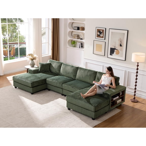 137"Convertible U-Shaped Combination Corduroy Sofa Set – 4-Seat Large Size Modern Sofa with Double Chaise Lounge Chair, Soft Corduroy Fabric, Living Room Reclining Double Chaise Sofa, Green