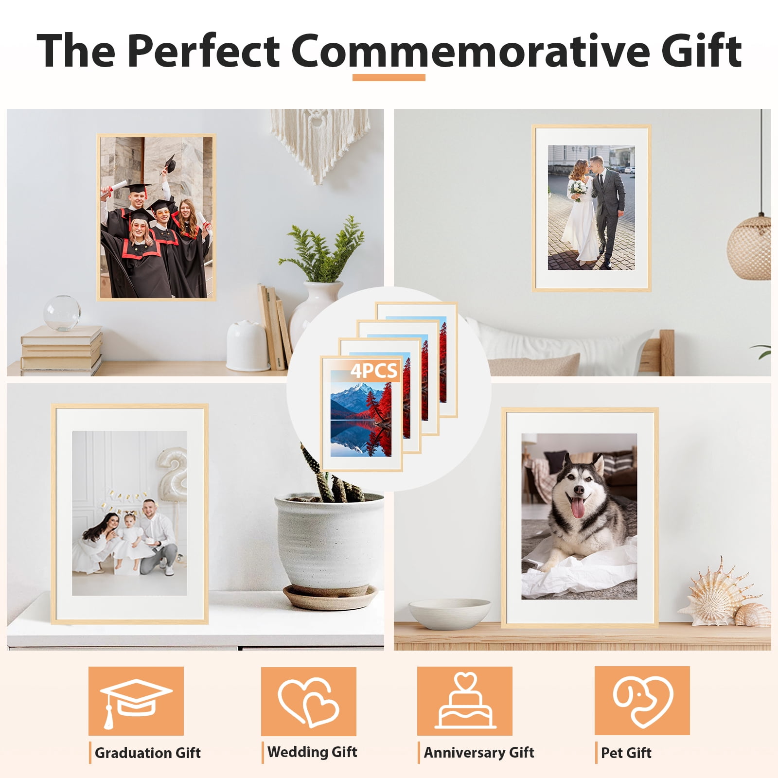 LIZEVINC 4 Pack 11x14 Picture Frame, Display Pictures 8x10 with Mat or 11x14 Without Mat, Wall Hanging Photo Frame, Wood Grain