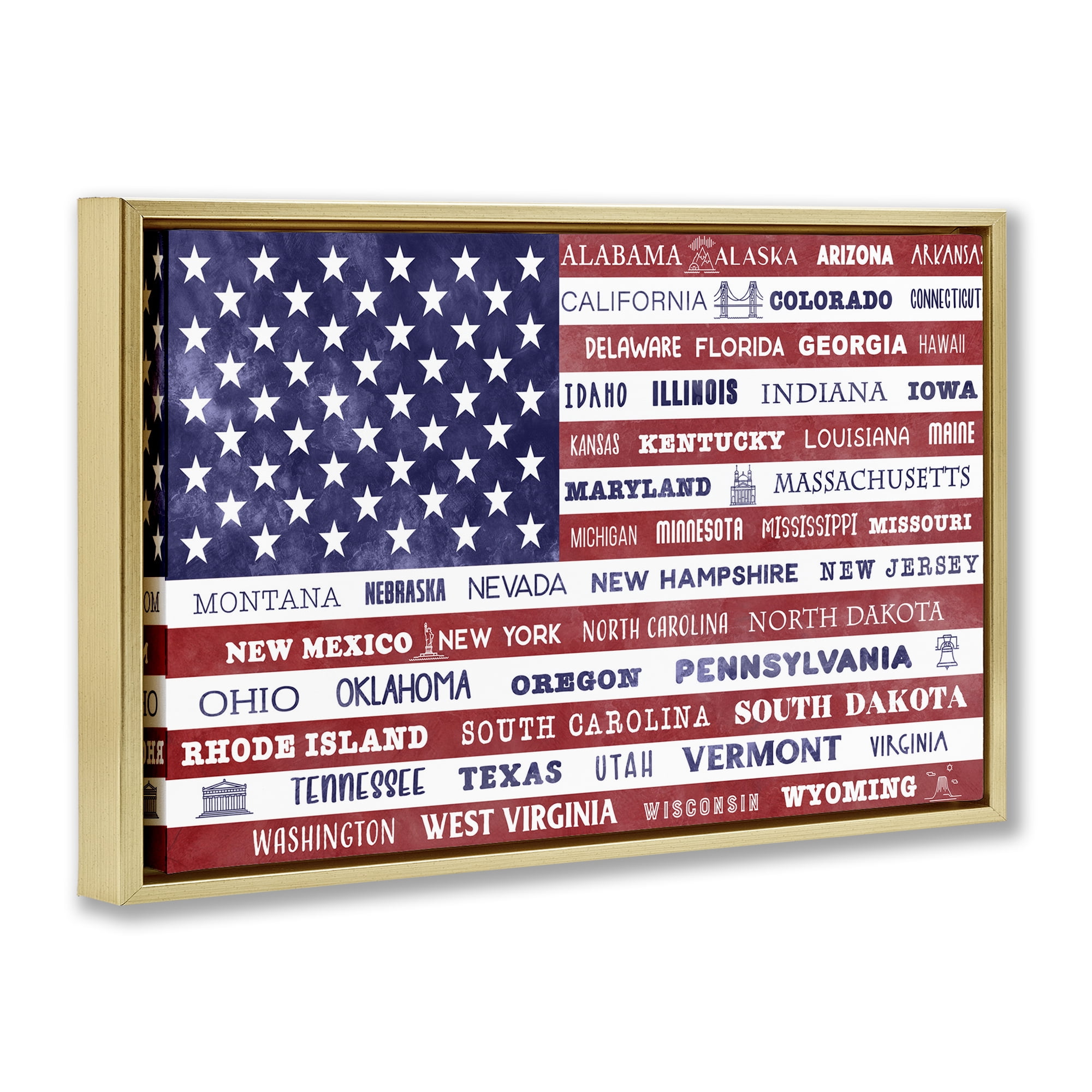Stupell Industries States Of America Flag Gold Framed Floater Canvas Wall Art, design by Daniela Santiago