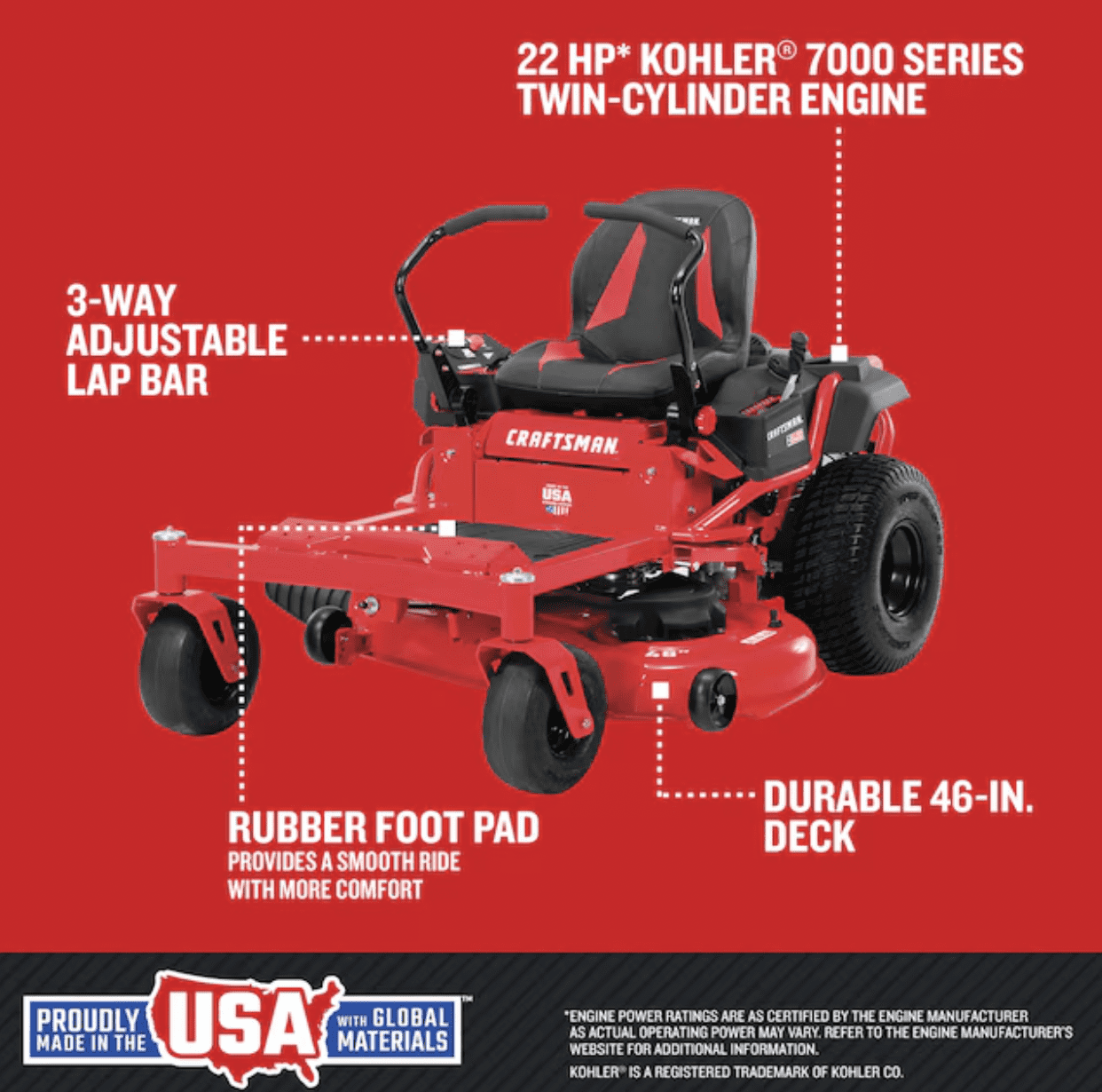 CRAFTSMAN Z5400 | 46-in 22HP Zero-Turn Riding Mower | 22 HP Kohler Engine | Hydrostatic Transmission | High-Back Seat (17ARFACT093)