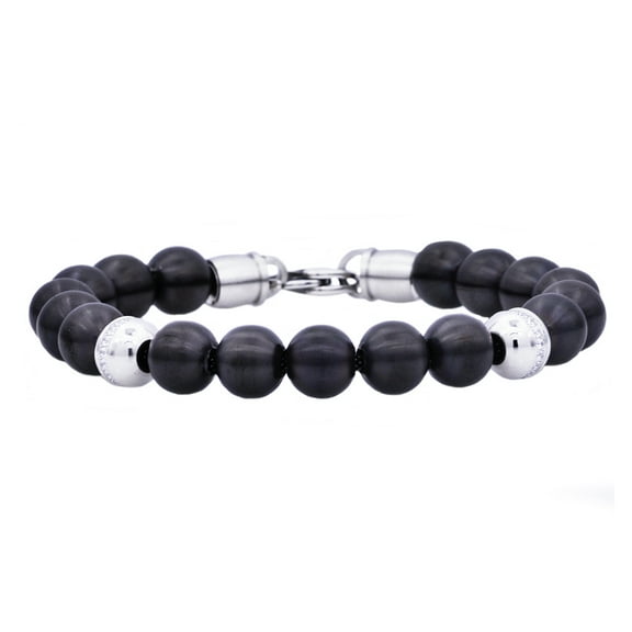 Arista Cubic Zirconia Diamonds Men's Beaded Bracelet in Black Plated Stainless Steel, 8.5"