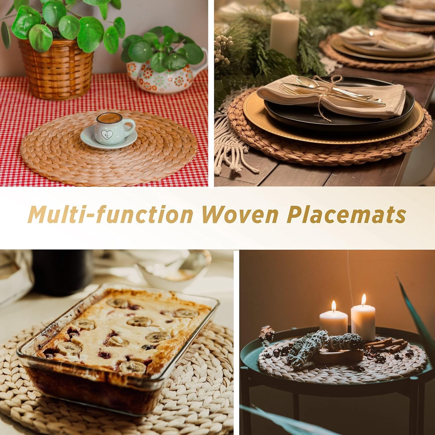Woven Seagrass Placemats Set of 6, 12" Boho Round Woven Natural Placemats, Wicker & Rattan, Braided Plate Chargers, with Wooden Brush & 6 Napkin Rings (Natural Water Hyacinth)