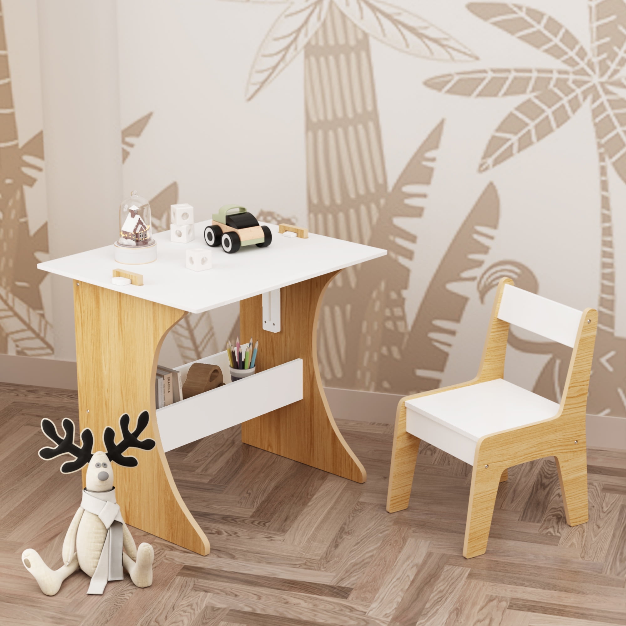 Mintazer Kids Activity Table and Chair Set with Storage Rack, Wooden Study Table with Convertible Tabletop Blackboard for Study, Drawing and Play, White