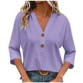 thumbnail image 2 of Otntypg Eyelet Tops for Women Casual Button Down V Neck Solid Color Short Sleeve Tunic Blouse Dressy Elegant Ladies Crochet Blouses Going Out Shirts Purple M, 2 of 7