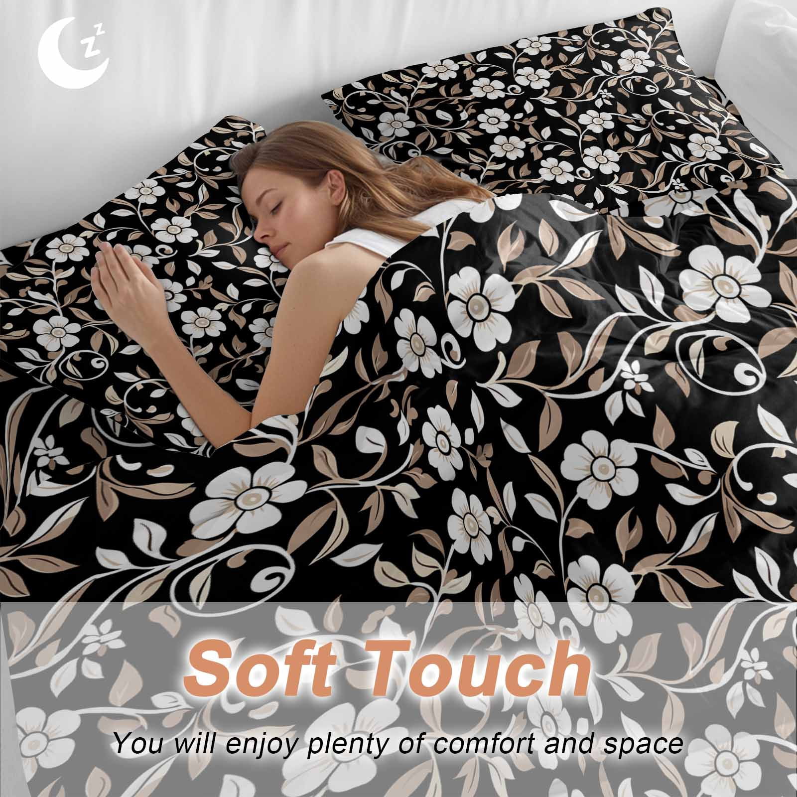 Black White Floral Duvet Cover Set, Farmhouse Vintage Botanical Leaves Soft Duvet Cover California King Bedding Set 4 Pieces, 1 Quiltcover and 2 Pillowcases with Zipper, 1 Bed Sheet for All Seasons