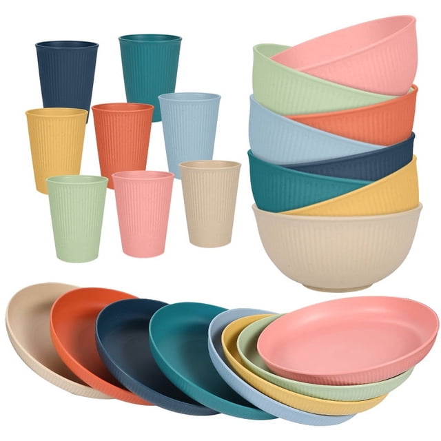 XmhyTop-A 24-Piece Dinner Plate Set - Dinnerware Sets for Family Meals, Kitchen Dishes Set with Wheat Straw Material, Service for 8,Multicolor
