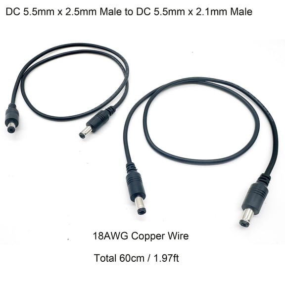 jztuppconn2pcs DC Power Plug 5.5mm x 2.5mm Male Plug to 5.5mm x 2.1mm Male Adapter Connector Cable Cord 60cm 18AWG for LED Strip, Surveillance Camera,CCTV Security Camera,LED Display,IP DVR,Router