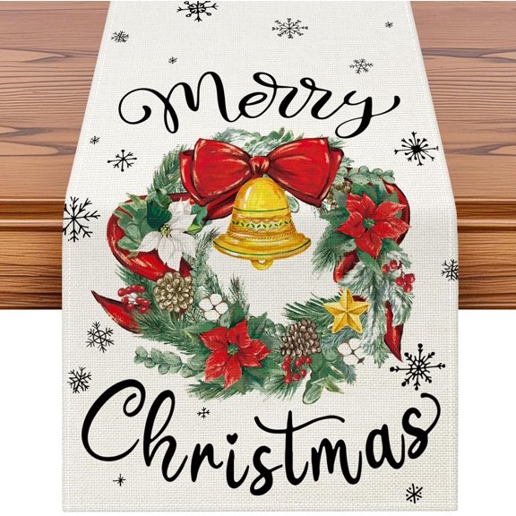 Wreath Merry Christmas Table Runner, Xmas Winter Holiday Kitchen Dining Table Decoration for Christmas Home Decor 13x72 Inch-Beige