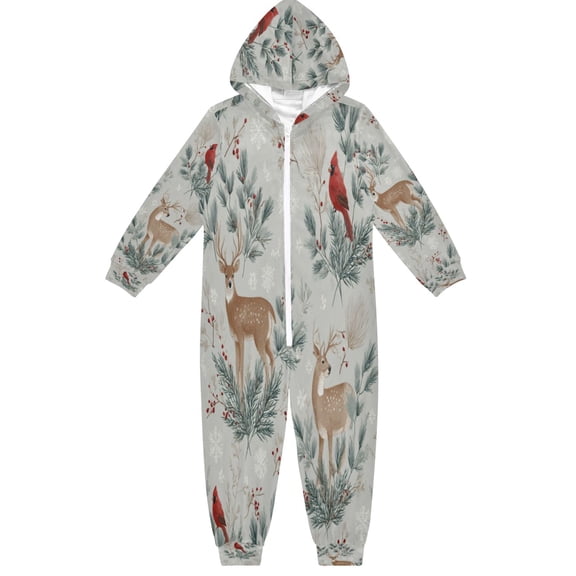 Soft Big Kids Onesie Pajamas Cozy Loose-Fit Jumpsuits for kids with Pockets for Christmas Lounge & Play Deer and Cardinals Pattern
