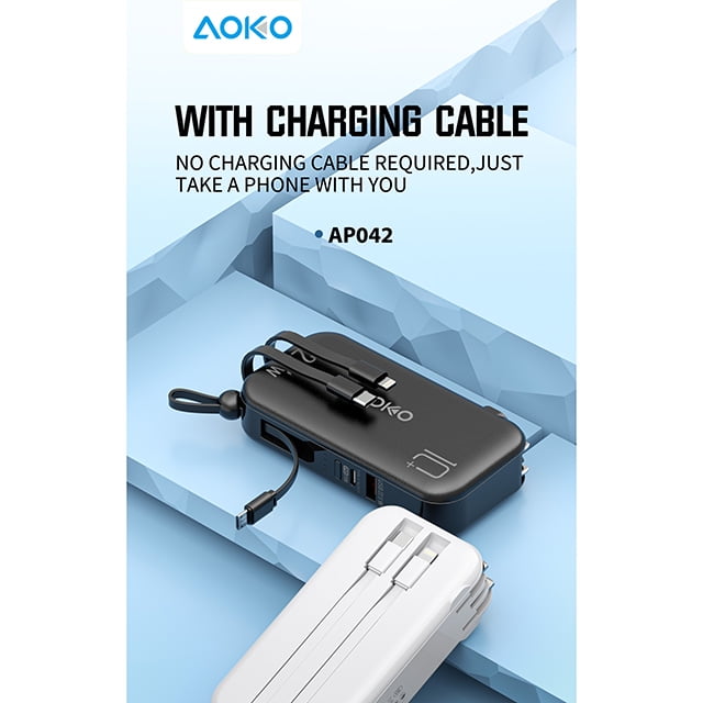 10000mAh Fast Charge Power Bank w/ Built in Plug, USB-C/iP/Micro Cables, 2 Ports (White)