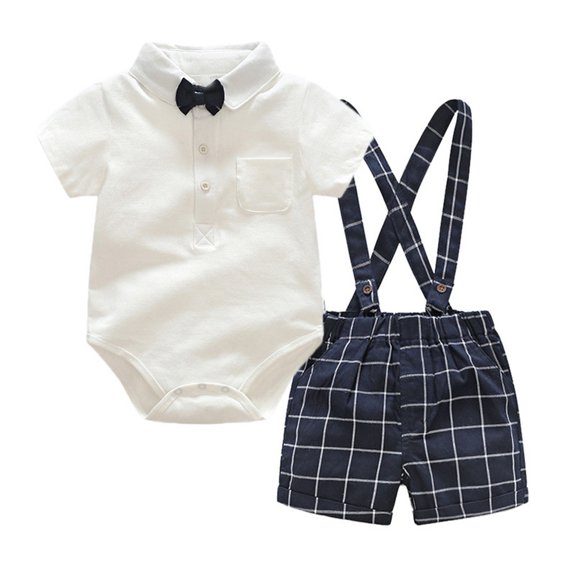 NOKIO Baby Boy Formal Short Set , Baby Boys Gentleman Outfits Pants Sets, Children's Playsuits Boys Baby Toddler Summer Short Sleeved Bow Tie Crawler Plaid Backpack Pants Two Pc Set