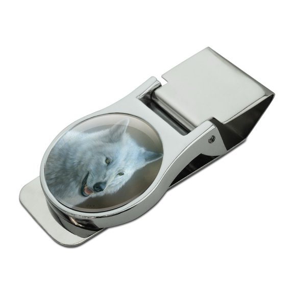 White Wolf Growling Satin Chrome Plated Metal Money Clip