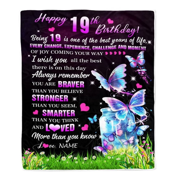 Happy 19th Birthday Decorations Blanket Butterfly Sweet Nineteen Sweet 19 Girls Teen Birthday 19 Year Old Fleece Blanket, 30x40in Fleece Blanket