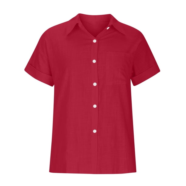 Camisas de Cuello en V de Manga Corta para las Mujeres Blusa Suelta con Botón de Color, Túnica de Trabajo Casual con Bolsillo para Uso Diario