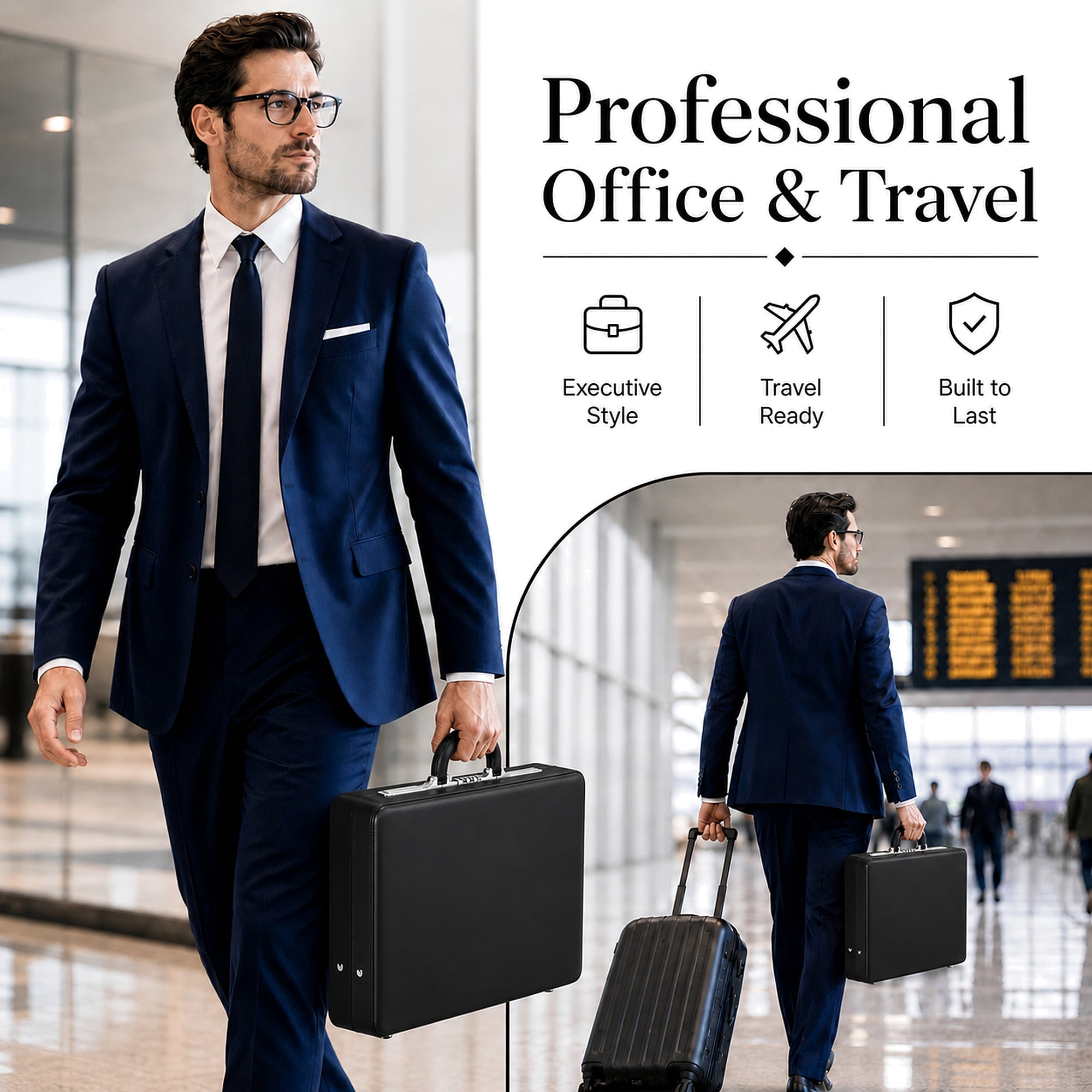HAESTUS Briefcases for Men, Professional Leather Briefcase with Lock, Hard Shell Business Brief Case, Attache Case for 15.6" Laptop, Mens Hard Briefcase for Work Office Travel, Brown | Center Lock