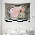 thumbnail image 1 of Fantasy Tapestry, Castle Balcony Checkered Floor Pattern Medieval Architecture Floral Arrangement, Wall Hanging for Bedroom Living Room Dorm Decor, 80W X 60L Inches, Multicolor, by Ambesonne, 1 of 2