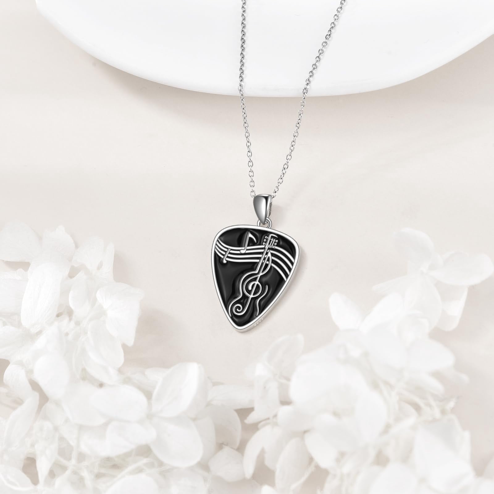 YAFEINI Guitar Pick Necklace 925 Sterling Silver Guitar Pick Holder Pendant Necklace Guitar with Music Note Pendant Jewelry for Women Men Music Lover