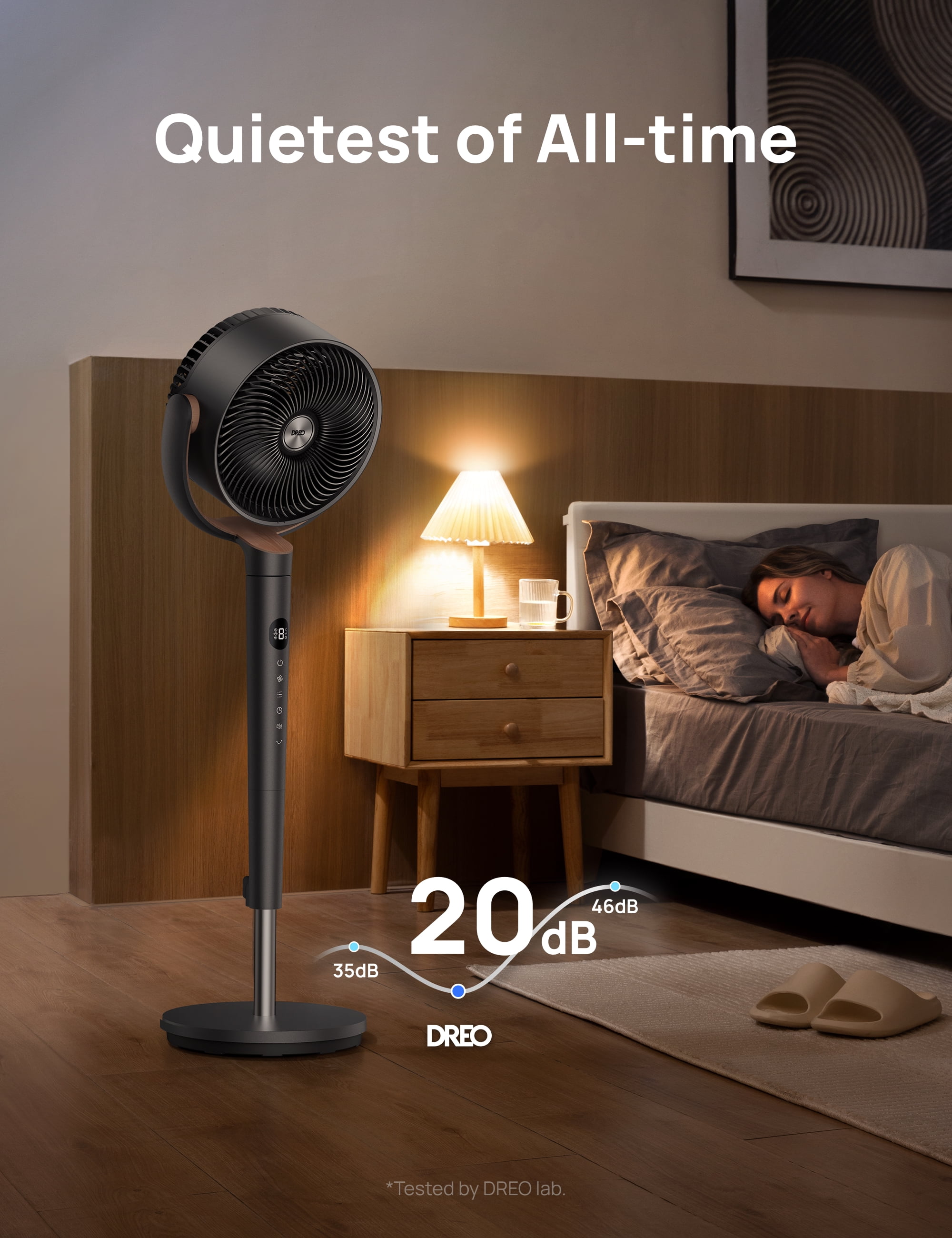 DREO 93ft Pedestal Fans for Home, 20dB Ultra Quiet Fan for Bedroom, 120° Oscillating fan, 9 Speeds, 4 modes, 8H Timer Standing Floor Fan with Remote, 35-40 inch Adjustable Height